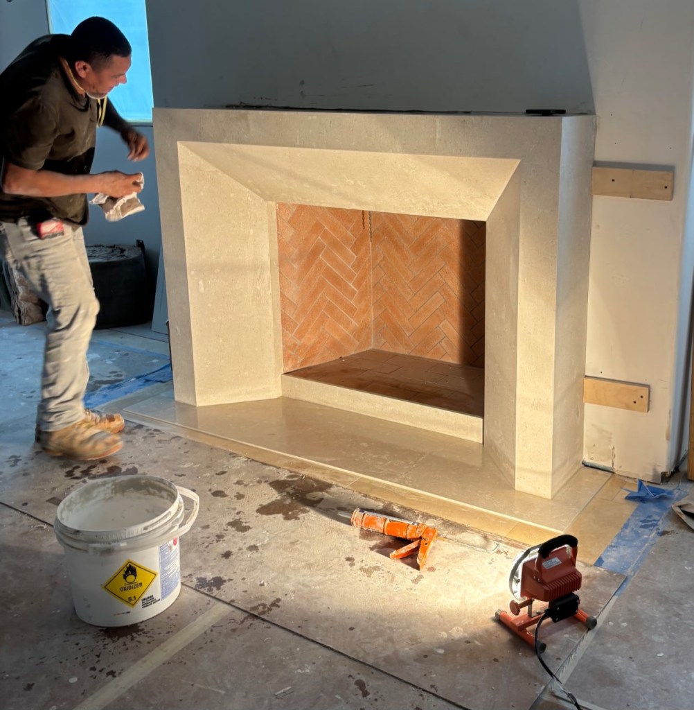 Stone fireplace hearth detail